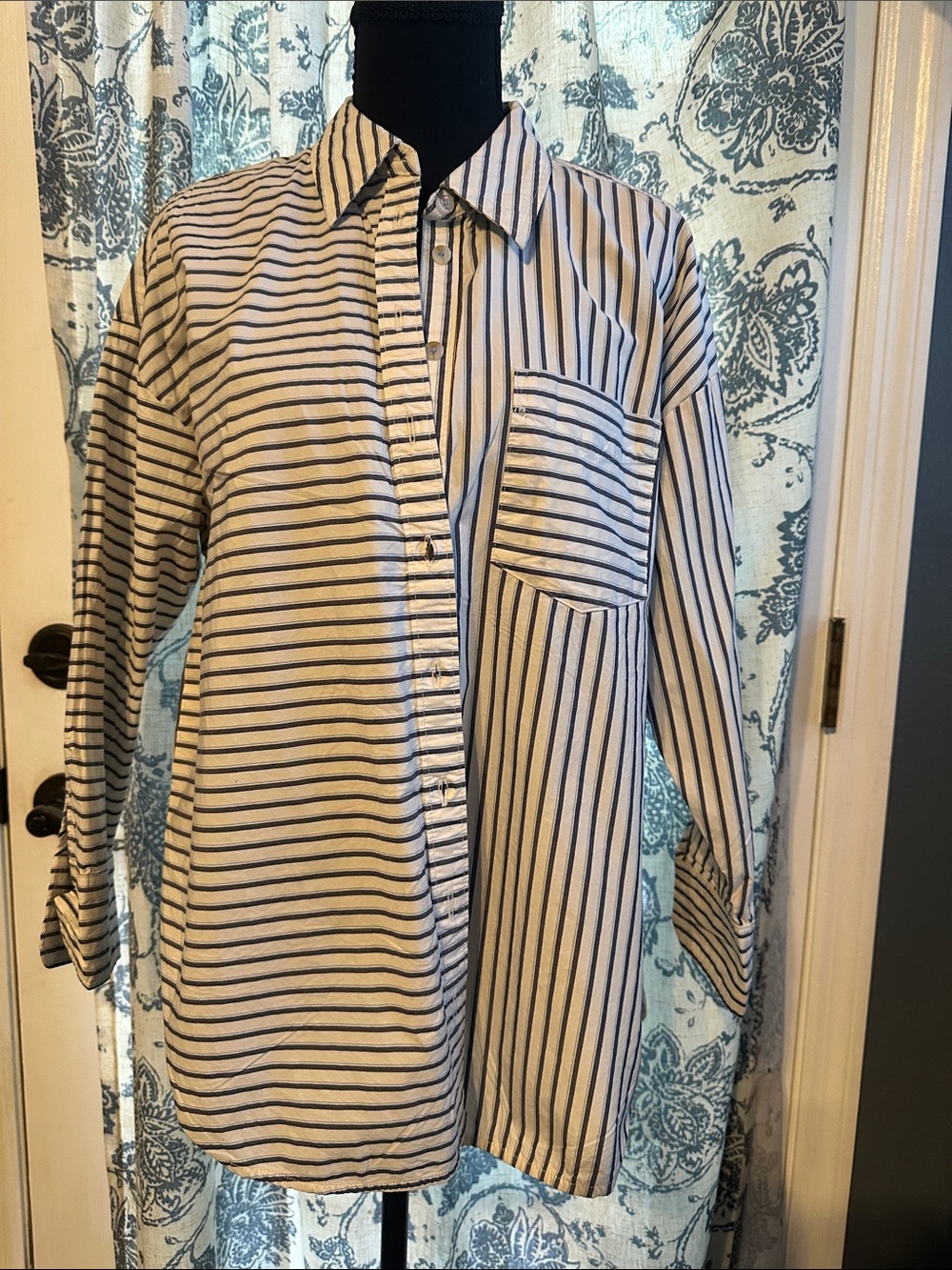 Anthropologie Striped Button-Down Shirt in White and Navy